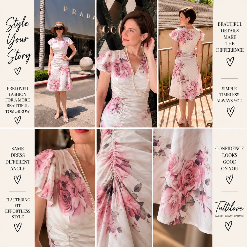 Pink Floral Ruched Midi Dress — Women's Fit-and-Flare